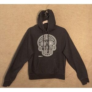 Obey Hoodie Womens Sz L Dark Gray Candy Skull Pocket Lightweight Pullover